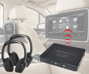 The image shows the two Bluetooth headphones and the entertainment system unit.